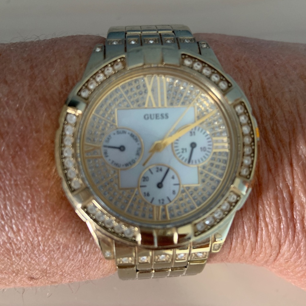 Gold tone Guess watch with rhinestones